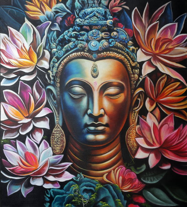 Serenity in Bloom: Vibrant Buddha & Lotus Canvas Wall Art