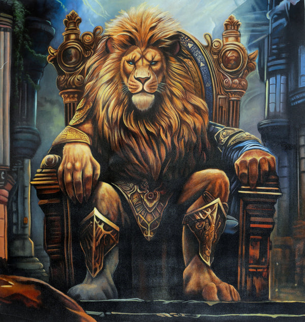 The Sovereign King: Regal Armored Lion on Throne Canvas Art