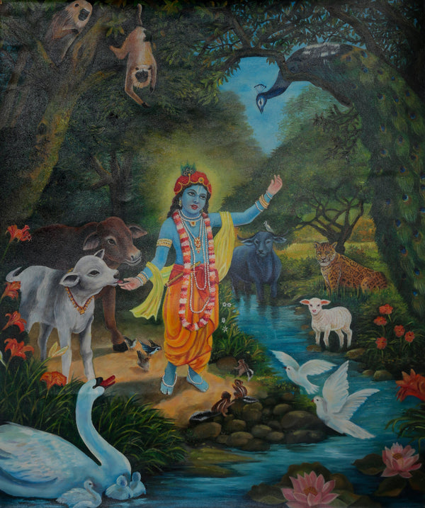 Lord Krishna in Vrindavan Divine Forest Canvas Wall Art