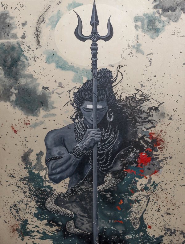 Trideva Power: Abstract Lord Shiva with Trishul Canvas Art
